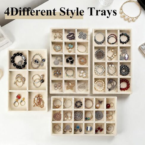 24 Pack Velvet Jewelry Trays Stackable Jewelry Organizer Trays Drawer Inserts Divided Storage Containers for Rings Earrings Jewelry Display (Beige) in Kuwait