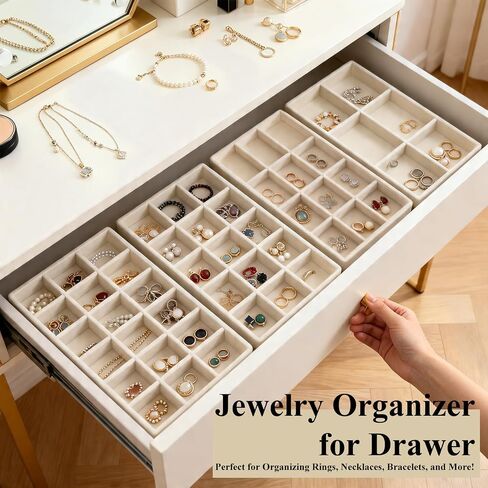24 Pack Velvet Jewelry Trays Stackable Jewelry Organizer Trays Drawer Inserts Divided Storage Containers for Rings Earrings Jewelry Display (Beige) in Kuwait