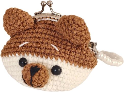 Crochet Brown Bear Coin Purse Pouch Kiss Lock Cute Small Change Purse for Coins Handmade Knitting Bear Bag in Saudi Arabia
