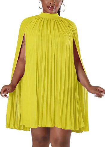 Women’s Casual Cape Sleeve Pleated Split Short Dress Loose Fit Cocktail Party Flowy Dress in Kuwait