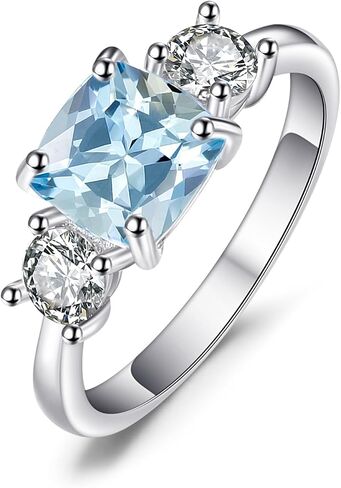 JewelryPalace قطع وسادة 2.6 قيراط توباز أزرق أصلي 3 حلقات أحجار لها، 14 قيراط أبيض أصفر مطلي بالذهب الوردي 925 خاتم وعد من الفضة الاسترليني للنساء، مجموعات مجوهرات من الأحجار الكريمة الطبيعية in Kuwait
