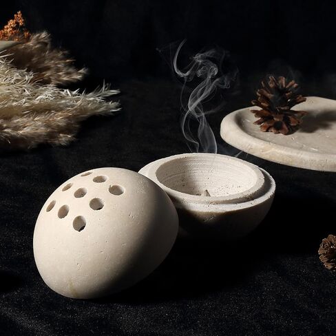 Natural Travertine Incense Burner – 4" Handmade Stone Incense Cone Holder, Minimalist Sphere Incense Burner for Home Decor, Meditation, Yoga, Spa, Relaxation (Beige) in Saudi Arabia