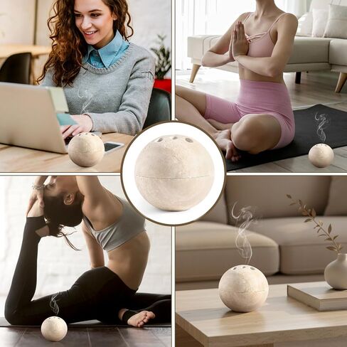 Natural Travertine Incense Burner – 4" Handmade Stone Incense Cone Holder, Minimalist Sphere Incense Burner for Home Decor, Meditation, Yoga, Spa, Relaxation (Beige) in Saudi Arabia