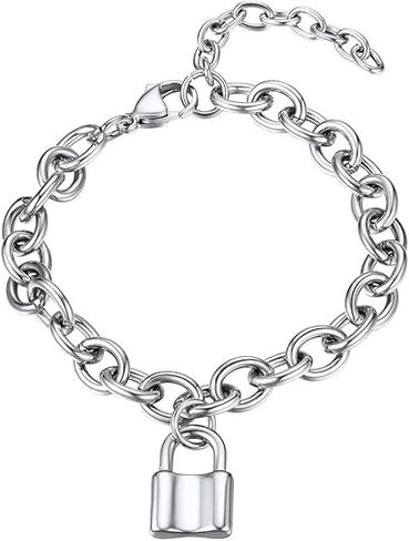 Locking Bracelet for Women Men Silver Link Lock Charm Stainless Steel Padlock Adjustable Cable Lock Minimalist Padlock Charm Bracelet Chunky Cuban Chain Trendy Jewelry in Saudi Arabia