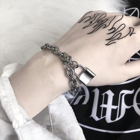 Locking Bracelet for Women Men Silver Link Lock Charm Stainless Steel Padlock Adjustable Cable Lock Minimalist Padlock Charm Bracelet Chunky Cuban Chain Trendy Jewelry in Saudi Arabia