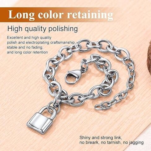 Locking Bracelet for Women Men Silver Link Lock Charm Stainless Steel Padlock Adjustable Cable Lock Minimalist Padlock Charm Bracelet Chunky Cuban Chain Trendy Jewelry in Saudi Arabia