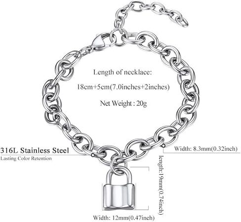 Locking Bracelet for Women Men Silver Link Lock Charm Stainless Steel Padlock Adjustable Cable Lock Minimalist Padlock Charm Bracelet Chunky Cuban Chain Trendy Jewelry in Saudi Arabia