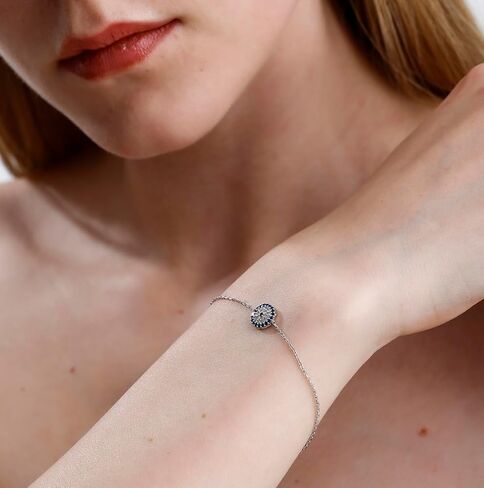 Sterling Silver Evil Eye Bracelet for Women | Rhodium Plated 925 Silver with Blue & White CZ Stones | Adjustable Chain Jewelry Gift in Saudi Arabia