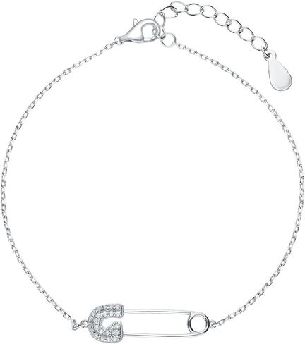 Dainty Paperclip Safety Pin Bracelet 925 Sterling Silver Cubic Zirconia Crystal Clip Adjustable Chain Bracelets Cute Birthday Anniversary Jewelry for Women Mom Bff in Kuwait