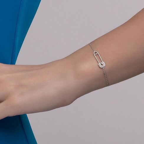 Dainty Paperclip Safety Pin Bracelet 925 Sterling Silver Cubic Zirconia Crystal Clip Adjustable Chain Bracelets Cute Birthday Anniversary Jewelry for Women Mom Bff in Kuwait