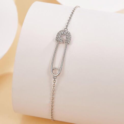 Dainty Paperclip Safety Pin Bracelet 925 Sterling Silver Cubic Zirconia Crystal Clip Adjustable Chain Bracelets Cute Birthday Anniversary Jewelry for Women Mom Bff in Kuwait