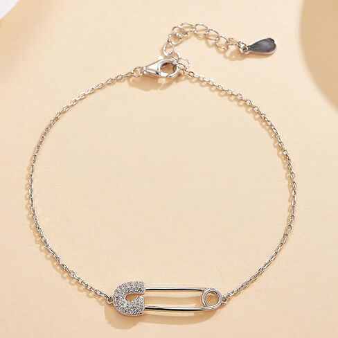 Dainty Paperclip Safety Pin Bracelet 925 Sterling Silver Cubic Zirconia Crystal Clip Adjustable Chain Bracelets Cute Birthday Anniversary Jewelry for Women Mom Bff in Kuwait