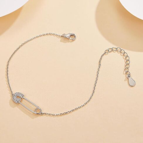 Dainty Paperclip Safety Pin Bracelet 925 Sterling Silver Cubic Zirconia Crystal Clip Adjustable Chain Bracelets Cute Birthday Anniversary Jewelry for Women Mom Bff in Kuwait
