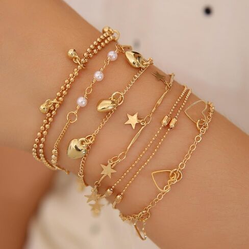 14K Gold Plated Stackable Charm Bracelet Set Dainty Heart Star Layered Adjustable Chain Jewelry Boho Delicate Wrist Set for Women Party Wedding in Kuwait