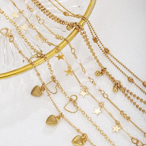 14K Gold Plated Stackable Charm Bracelet Set Dainty Heart Star Layered Adjustable Chain Jewelry Boho Delicate Wrist Set for Women Party Wedding in Kuwait
