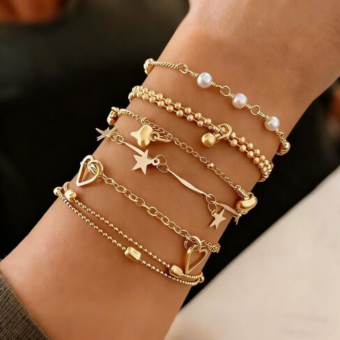 14K Gold Plated Stackable Charm Bracelet Set Dainty Heart Star Layered Adjustable Chain Jewelry Boho Delicate Wrist Set for Women Party Wedding in Kuwait