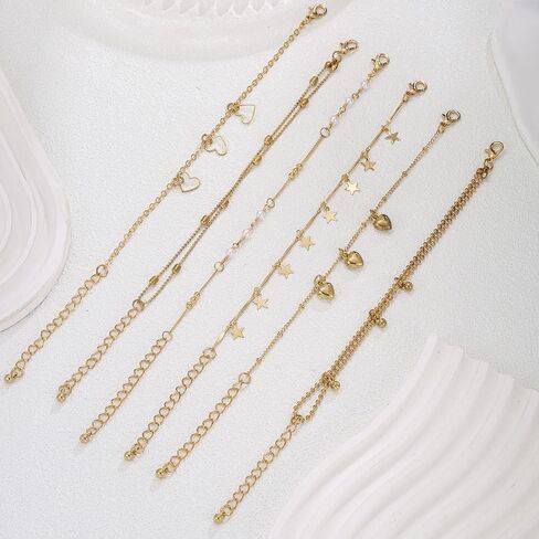 14K Gold Plated Stackable Charm Bracelet Set Dainty Heart Star Layered Adjustable Chain Jewelry Boho Delicate Wrist Set for Women Party Wedding in Kuwait