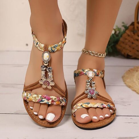 Women's Boho Floral Thong Sandals Braided Strap Gladiator Sandals with Gemstone Accents for Summer Beach & Casual Daily Wear in Kuwait