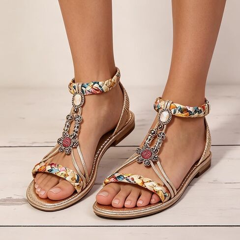 Women's Boho Floral Thong Sandals Braided Strap Gladiator Sandals with Gemstone Accents for Summer Beach & Casual Daily Wear in Kuwait