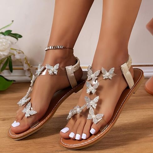Women Sandals Butterfly Clear Rhinestone Glitter Ankle Strap Flat Sandals Summer Beach Vacation Sandal in Kuwait