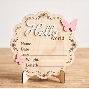 Butterfly Wooden Birth Announcement Sign for Newborn Girl - Hello World Floral Name Plaque for Hospital - Baby Birth Stats Board with Pink Butterflies - Nursery Wall Decor Photo Prop Gift in Saudi Arabia
