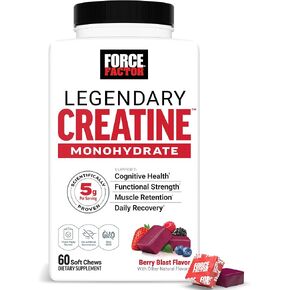 FORCE FACTOR Legendary Creatine Chews, 5g Creatine Monohydrate, Build Muscle, Improve Strength & Recovery, Support Memory & Cognitive Function, Sugar Free, Berry Blast, 60 Soft Chews in Kuwait