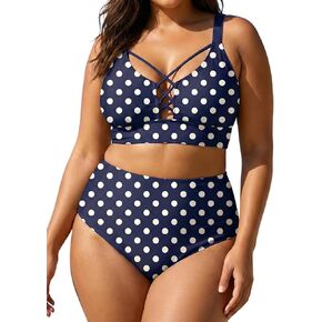 ROSE GAL Plus Size Women Polka Dot Print High Waisted Bikini Set Crisscross Tummy Control Bathing Suits in Kuwait