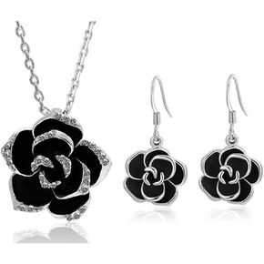 Black Jewelry Sets for Women, Rose Camellia Flower Necklace Earrings Set Fashion Rhinestone Wedding Bridal Black Rose Crystal Accessories Statement Necklac Elegant Jewelry in Saudi Arabia