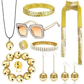 10 Pcs 70s Disco Accessory Set Women's Costume Kit with Chunky Coil Bracelet Retro Sunglasses Layered Choker And Gold Disco Earrings Perfect for Parties, Halloween, Cosplay in Kuwait