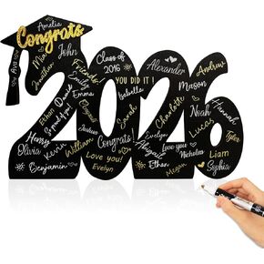 2026 Graduation Signature Board - Large Wood Class of 2026 Guest Book Alternative - Graduation Decorations for High School and College - 14.5" Grad Party Decorations with Gold Acrylic Congrats Sign in Saudi Arabia