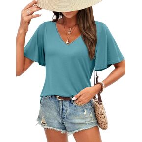 Ruffle Short Sleeve Tops for Women Bell Sleeve Top Summer Loose Dressy Casual Tunic Blouses Lace V Neck Shirts in Saudi Arabia