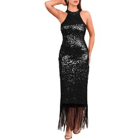Women's Sequin Halter Neck Sleeveless Fringe Hem Sexy Split Tassels Cocktail Party Maxi Dress in Kuwait
