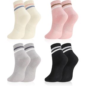 Women's Striped Crew Socks, 4 Pairs Cozy Combed Cotton Quarter Socks Trendy Retro Casual Athletic Ankle Socks Breathable Mid-calf Sock for Running Gym Daily Wear(Size 6-9) in Kuwait