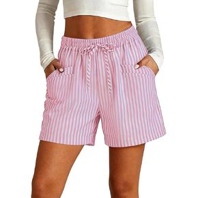 Blue and White Striped Linen Shorts Women Drawstring High Elastic Waist Summer 5 Inch Inseam Bottoms Front Pocket in Saudi Arabia