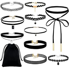 10PCS Black Choker Necklace for Women Emo Gothic Y2K 90s Grunge Punk Cosplay, Stretchy Elastic Tattoo Collar with Butterfly Ying Yang Charms, Retro Rock Concert Accessories in Kuwait