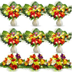 Hotop 72 Pcs Hawaiian Flower Centerpieces for Tables Light up Hibiscus Bouquet Palm Leaves and Light up Centerpieces for Tables in Kuwait