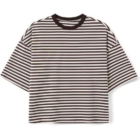 KOSUSANILL Oversized Striped Shirt Women Short Sleeve Crewneck Tshirt Cropped Baggy Tee Tops Drop Shoulder Y2K Summer Top in Saudi Arabia