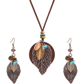 Boho Jewelry Set for Women - Western Vintage Pendant Necklace & Dangle Earrings - Retro Ethnic Geometric Statement Accessories for Festival Vacation in Saudi Arabia