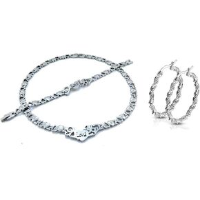 New Silver Hugs and Kisses I Love You Necklace Bracelet Earring Set 18 inches Stainless Steel Stampato Set X and O with 38mm Twisty Hoops in Saudi Arabia