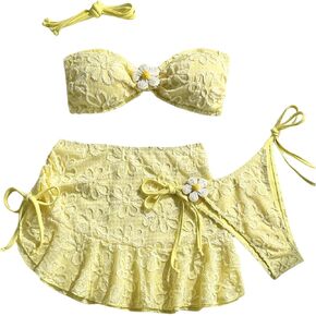 Verdusa Women's 3 Piece Floral Strapless Bandeau Bikini Sets Boho Chic Swimsuits with Cover Up Skirt in Saudi Arabia