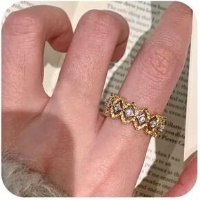 14K Gold / 925 Sterling Silver Open Ring - Lace Edge Design with Brushed Diamond Pattern & Hollow Diamond Inlay, Women’s Elegant Band, Ideal for Engagement, Wedding & Anniversary​ (Two Colors) in Saudi Arabia