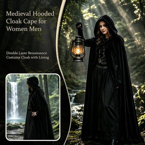 Medieval Hooded Cloak Cape, Renaissance Costume for Women Men, Black | Double Layer, Renaissance Costume, With Lining, Long Hooded Cape, For Halloween Cosplay Viking Gothic Wizard in Saudi Arabia