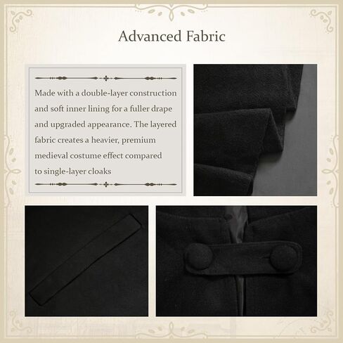 Medieval Hooded Cloak Cape, Renaissance Costume for Women Men, Black | Double Layer, Renaissance Costume, With Lining, Long Hooded Cape, For Halloween Cosplay Viking Gothic Wizard in Saudi Arabia