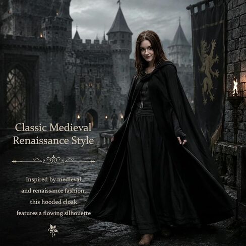 Medieval Hooded Cloak Cape, Renaissance Costume for Women Men, Black | Double Layer, Renaissance Costume, With Lining, Long Hooded Cape, For Halloween Cosplay Viking Gothic Wizard in Saudi Arabia