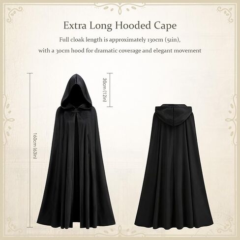 Medieval Hooded Cloak Cape, Renaissance Costume for Women Men, Black | Double Layer, Renaissance Costume, With Lining, Long Hooded Cape, For Halloween Cosplay Viking Gothic Wizard in Saudi Arabia