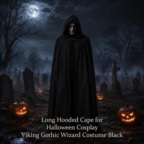 Medieval Hooded Cloak Cape, Renaissance Costume for Women Men, Black | Double Layer, Renaissance Costume, With Lining, Long Hooded Cape, For Halloween Cosplay Viking Gothic Wizard in Saudi Arabia