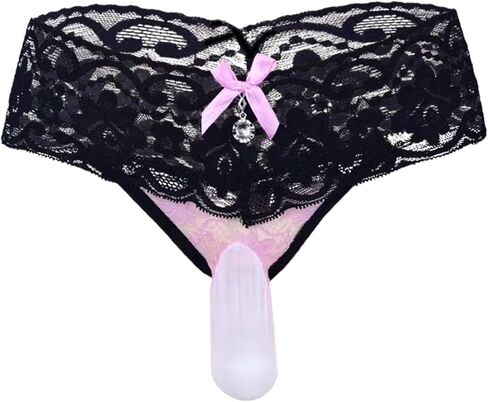 Men’s Black Lace Thong Underwear with Pink Bow Pendant Low Rise Pouch Design Sheer Feminine Style Lingerie in Saudi Arabia
