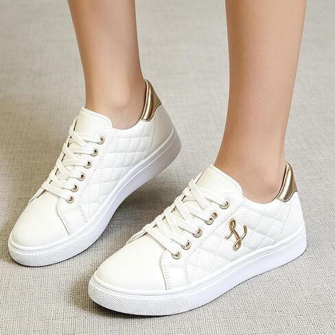 Flat Casual Shoes for Women, Quilted Faux Leather Low Top Lace Up Lightweight Non Slip Sneakers for Daily Travel Office Wear in Kuwait
