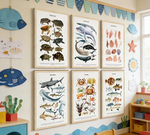 PeuYot Marine Life Wall Art, 6 Pcs Educational Ocean Animal Prints, Unframed Canvas Posters, Vintage Sea Turtle Whale Shark Crab Seashell Fish Wall Decor for Bathroom Bedroom Classroom 8x10in in Kuwait