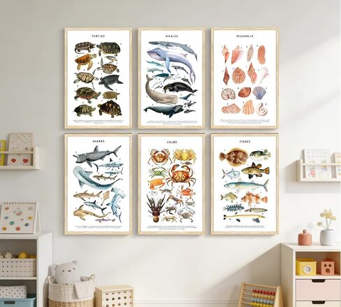 PeuYot Marine Life Wall Art, 6 Pcs Educational Ocean Animal Prints, Unframed Canvas Posters, Vintage Sea Turtle Whale Shark Crab Seashell Fish Wall Decor for Bathroom Bedroom Classroom 8x10in in Kuwait